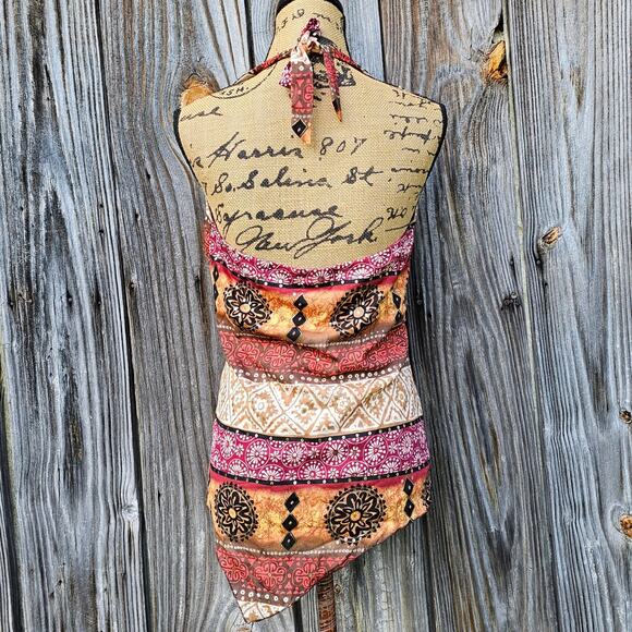 Gauze Halter Top Size M Dressbarn Beaded V-Neck Tank Orange Brown Stripe Print - Picture 3 of 8